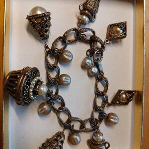 Vintage Bronze Charm Bracelet with Basket Urns & Faux Pearls
